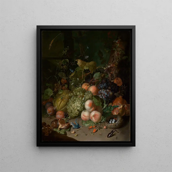 Still life with fruits featuring a stag beetle and nest - Rachel Ruysch — framed artwork on a wall
