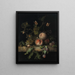 Peaches, grapes and plums with a dragonfly, a snail, a caterpillar, a butterfly, and other insects on a stone ledge - Rachel Ruysch — framed artwork on a wall