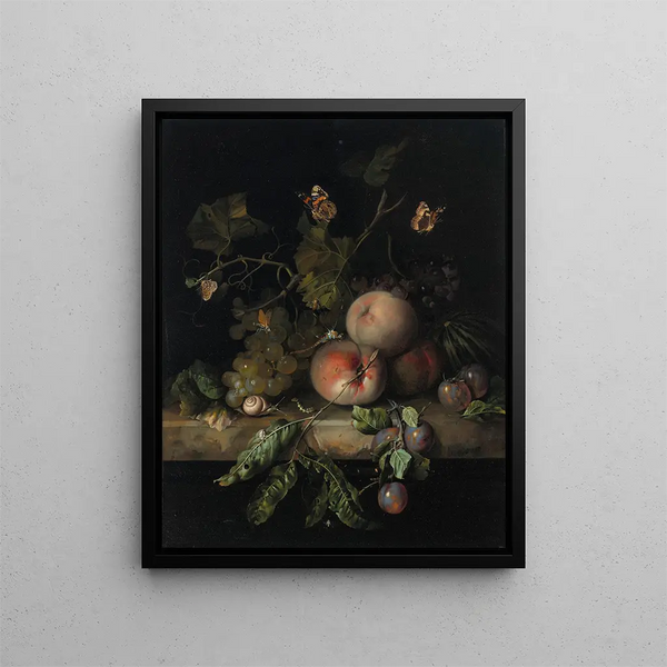 Peaches, grapes and plums with a dragonfly, a snail, a caterpillar, a butterfly, and other insects on a stone ledge - Rachel Ruysch — framed artwork on a wall