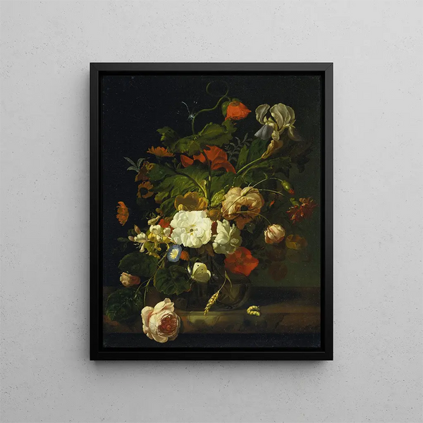 Still life with a bouquet of flowers - Rachel Ruysch — framed artwork on a wall