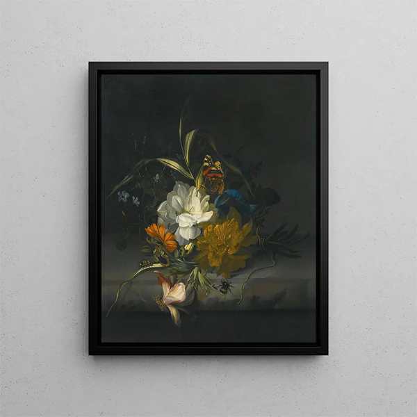 Still life with Soots, a Morning Glory, a Passionflower, and other matching flowers with insects on a stone ledge - Rachel Ruysch — framed artwork on a wall