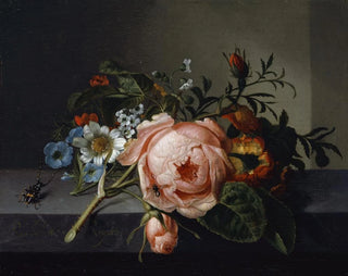 Nature morte avec une branche de rose, un scarabée et une abeille - Rachel Ruysch — artwork view