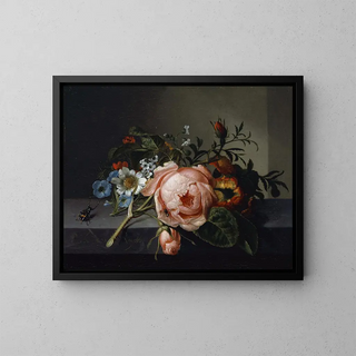 Nature morte avec une branche de rose, un scarabée et une abeille - Rachel Ruysch — framed artwork on a wall
