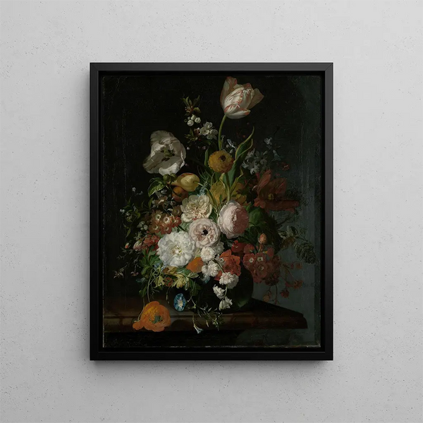Still life with flowers in a glass vase - Rachel Ruysch — framed artwork on a wall