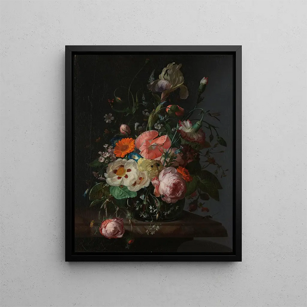 Still life with flowers on a marble table - Rachel Ruysch — framed artwork on a wall