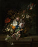 Tulips, roses, honeysuckle, apple blossoms, poppies, and other flowers in a glass vase with a butterfly on a marble ledge - Rachel Ruysch — artwork view