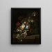 Tulips, roses, honeysuckle, apple blossoms, poppies, and other flowers in a glass vase with a butterfly on a marble ledge - Rachel Ruysch — framed artwork on a wall