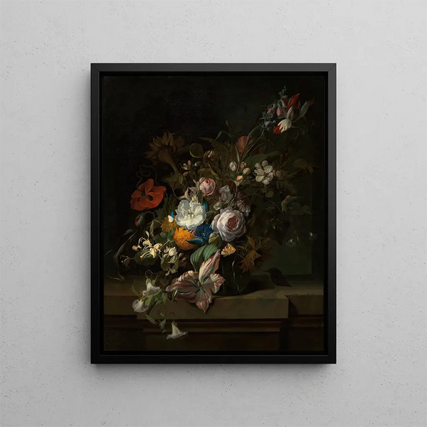 Tulips, roses, honeysuckle, apple blossoms, poppies, and other flowers in a glass vase with a butterfly on a marble ledge - Rachel Ruysch — framed artwork on a wall