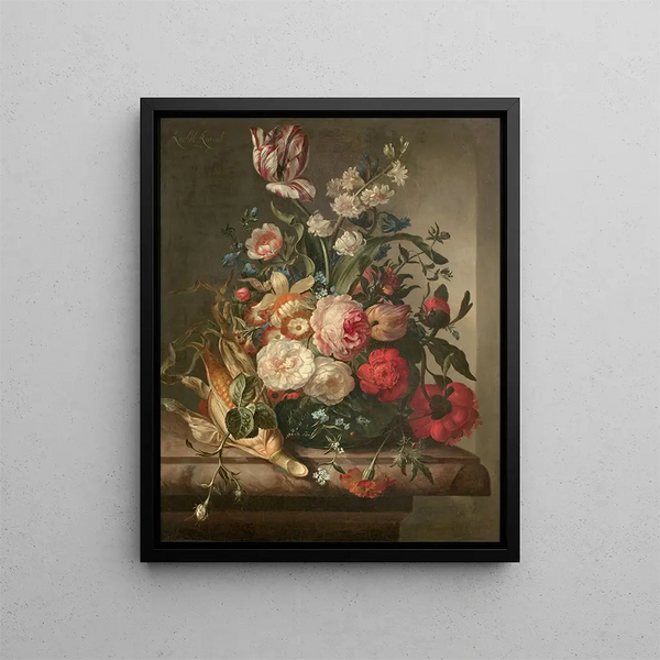 Vase of flowers and pis de mas in a niche - Rachel Ruysch — framed artwork on a wall