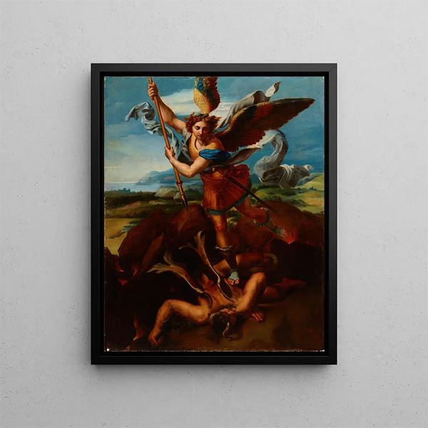 Saint Michael Archangel defeating Satan - Rafał Hadziewicz — framed artwork on a wall