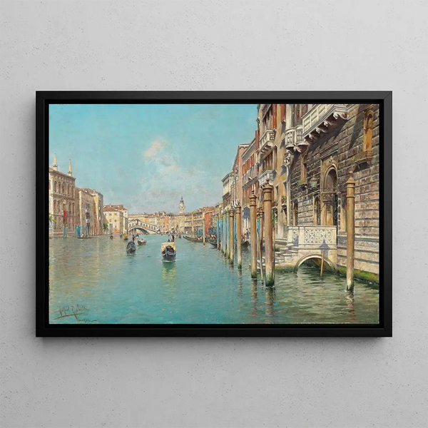 on the Grand Canal, the Rialto Bridge beyond Venice - Rafael Senet y Pérez — framed artwork on a wall