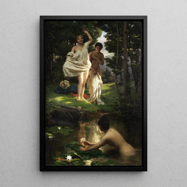 Young girls bathing at a forest spring - Raffaele Giannetti — framed artwork on a wall