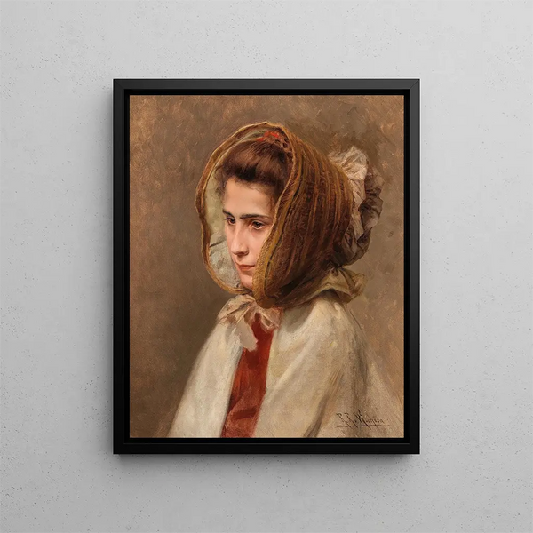 Portrait of a lady with a bonnet in side view - Raimund Ritter von Wichera — framed artwork on a wall