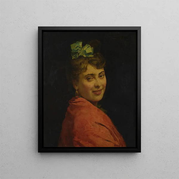 a lady's portrait with a red shawl - Raimundo de Madrazo y Garreta — framed artwork on a wall