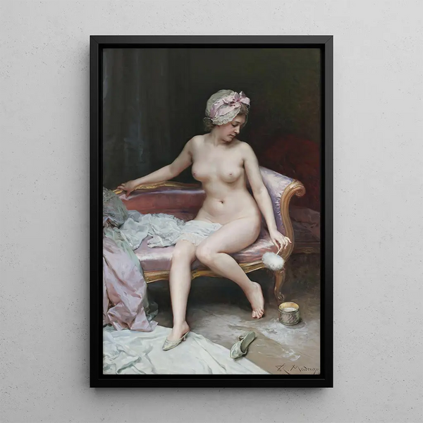 After the bath, nude woman - Raimundo de Madrazo y Garreta — framed artwork on a wall