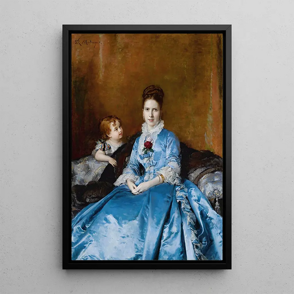 Portrait painting of Mrs. Clotilde de Cándamo and her son Carlos - Raimundo de Madrazo y Garreta — framed artwork on a wall