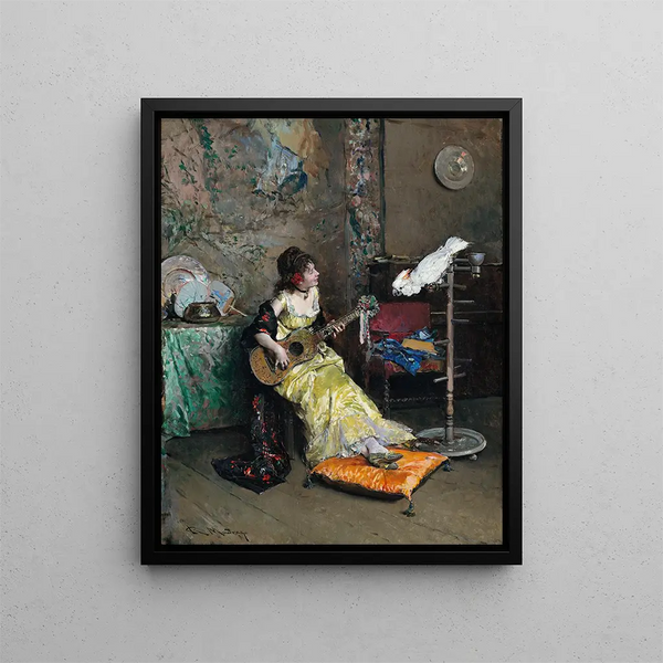 Woman with a Parrot - Raimundo de Madrazo y Garreta — framed artwork on a wall