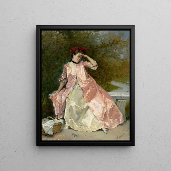 Woman with a picnic basket - Raimundo de Madrazo y Garreta — framed artwork on a wall
