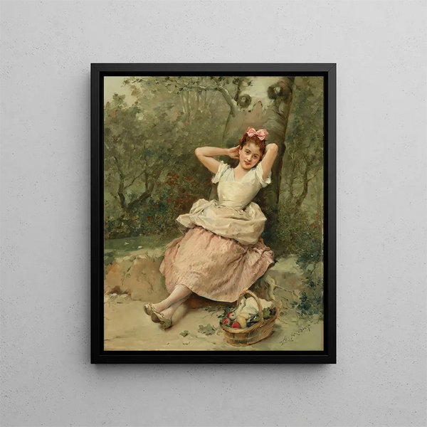Young girl sitting at the foot of a tree - Raimundo de Madrazo y Garreta — framed artwork on a wall