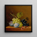 Raisins, prunes, raspberries, flowers and an acorn on a wooden shelf - Arnoldus Bloemers — framed artwork on a wall