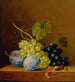Raisins, prunes, raspberries, flowers and an acorn on a wooden shelf - Arnoldus Bloemers — artwork view