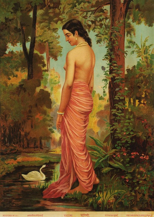 Nymph Varini by the riverbank with a swan - Raja Ravi Varma — framed artwork on a wall