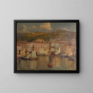 Summer evening at the port of Fiume - Raoul Frank — framed artwork on a wall