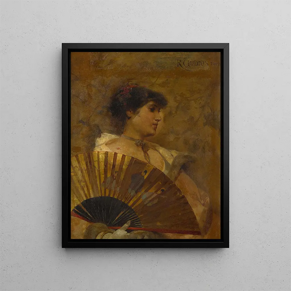 A young woman with a Japanese fan - Raphael von Ambros — framed artwork on a wall