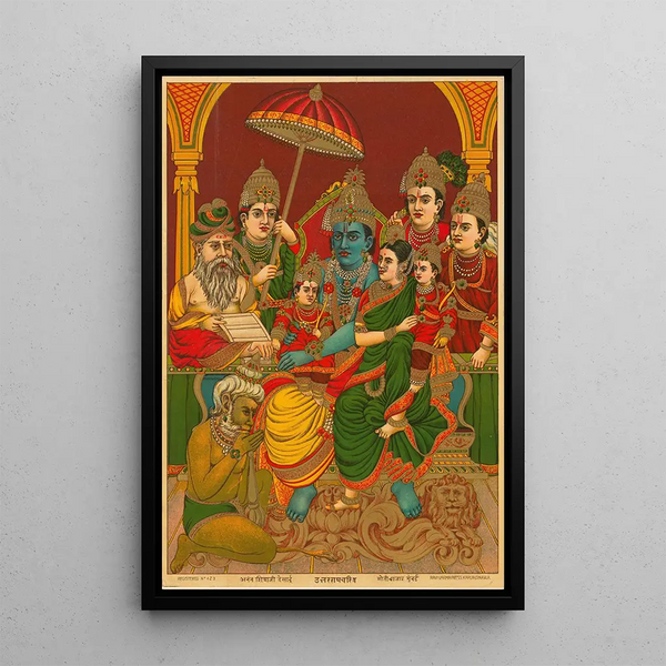 Uttara Rama Charitra Painting L'Assemblée de Rama - Raja Ravi Varma — framed artwork on a wall