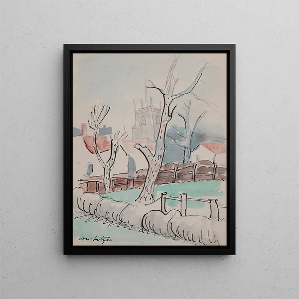 Trees and church steeple - Raymond McIntyre — framed artwork on a wall