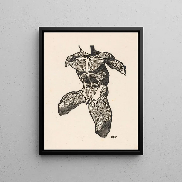 Anatomical study of the muscles of the neck, abdomen, and thighs of a man - Reijer Stolk — framed artwork on a wall