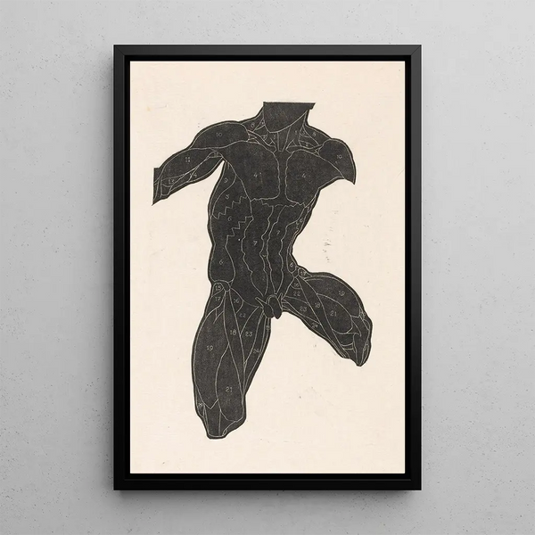 Anatomical study of the muscles of the neck, abdomen, and thigh of a man in silhouette - Reijer Stolk — framed artwork on a wall