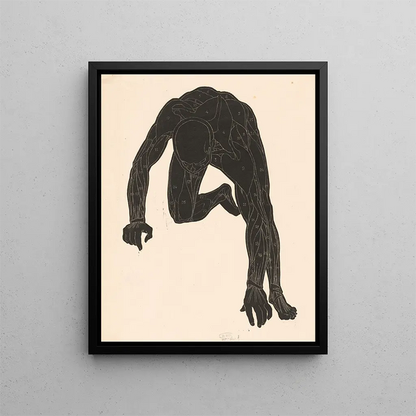 Anatomical study of the muscles of the neck, arms, and legs of a man in silhouette - Reijer Stolk — framed artwork on a wall