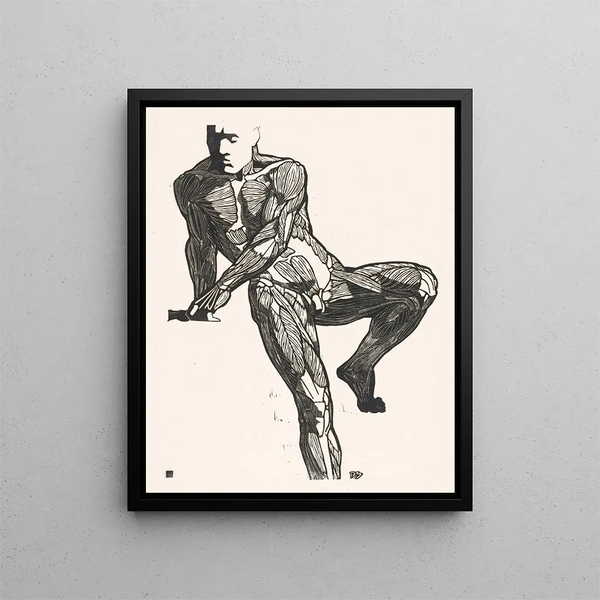 Anatomical study of the muscles of the chest, abdomen, and legs of a man - Reijer Stolk — framed artwork on a wall