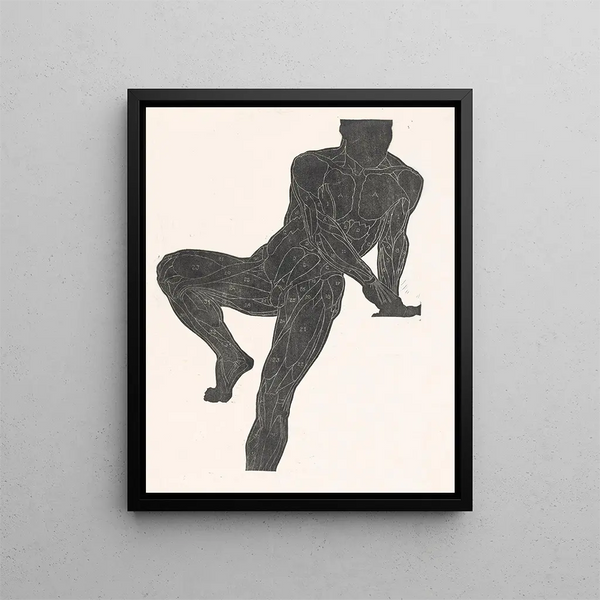 Anatomical study of the muscles of the chest, abdomen, and legs of a man in silhouette - Reijer Stolk — framed artwork on a wall