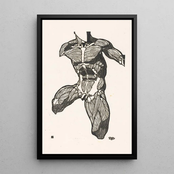 Anatomical study of the muscles of the neck, abdomen, and thigh of a man - Reijer Stolk — framed artwork on a wall