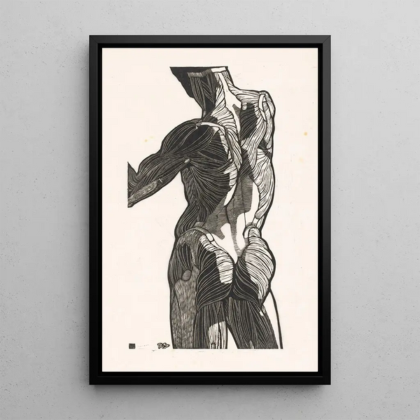 Anatomical study of the muscles of the back and buttocks of a man - Reijer Stolk — framed artwork on a wall