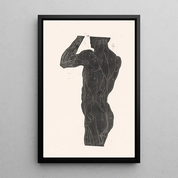 Anatomical study of the muscles of the back and buttocks of a man in silhouette - Reijer Stolk — framed artwork on a wall