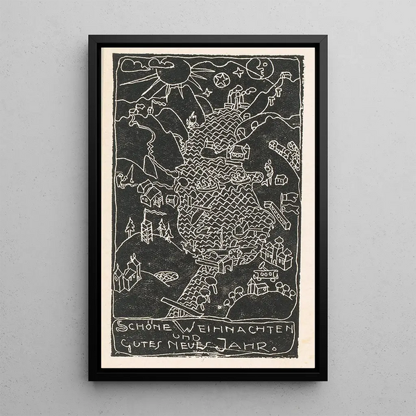 Christmas Card Painting with Hilly Landscape and Lake - Reijer Stolk — framed artwork on a wall
