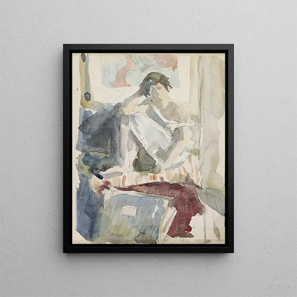 Woman sitting indoors - Reijer Stolk — framed artwork on a wall