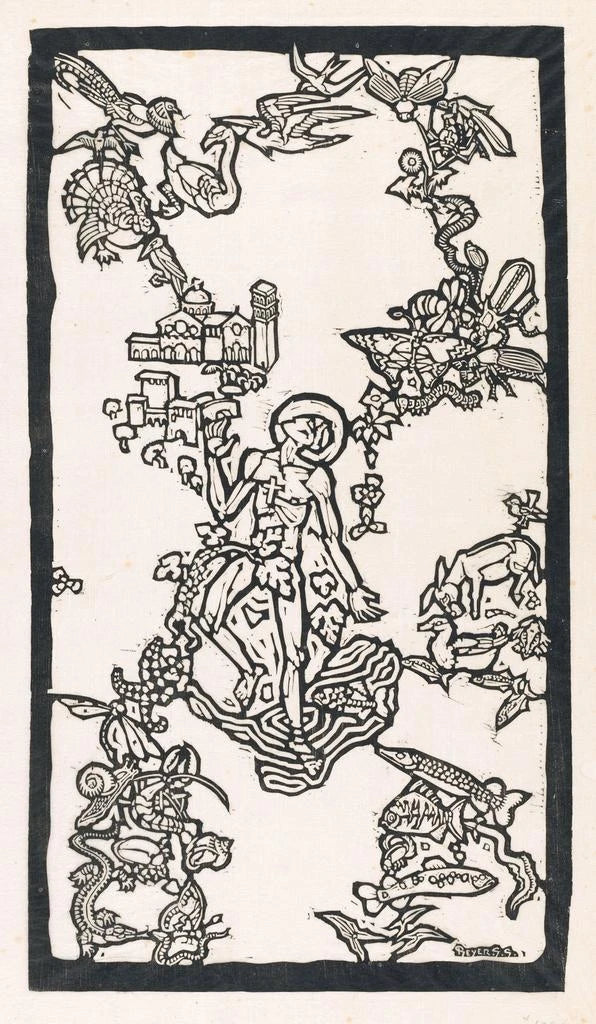 Saint Francis of Assisi standing in water surrounded by animals - Reijer Stolk — framed artwork on a wall