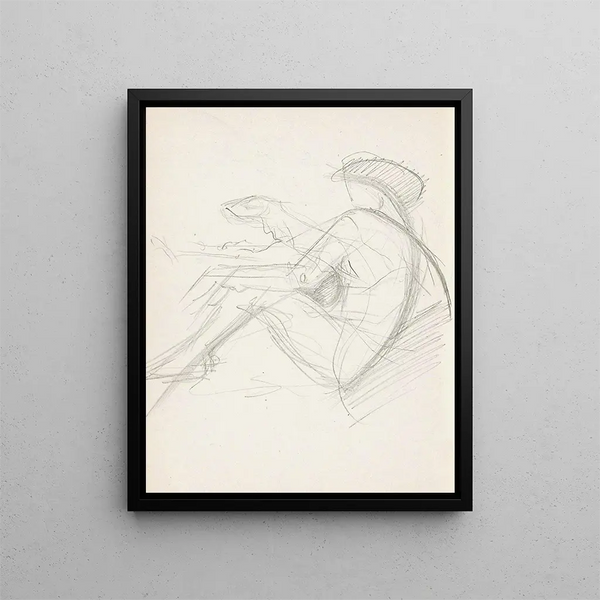a Nude Woman Sitting with a Hat - Reijer Stolk — framed artwork on a wall