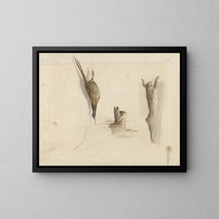 Dindon mort et deux lièvres morts - Reinier Craeyvanger — framed artwork on a wall