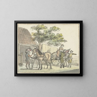 Car with two horses at the De Donkere Kuil inn near Haarlem - Reinier Vinkeles — framed artwork on a wall