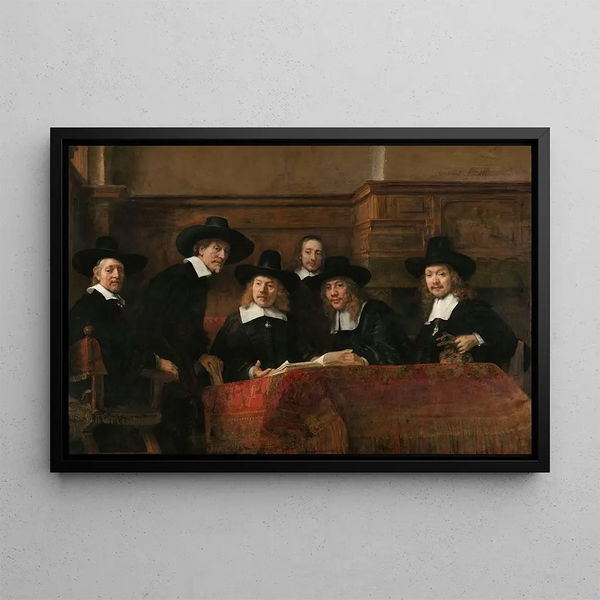 Les Syndics de la Guilde des Drapiers d'Amsterdam - Rembrandt van Rijn — framed artwork on a wall