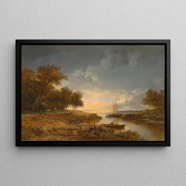 Dutch river landscape painting in the evening light - Remigius Adrianus van Haanen — framed artwork on a wall