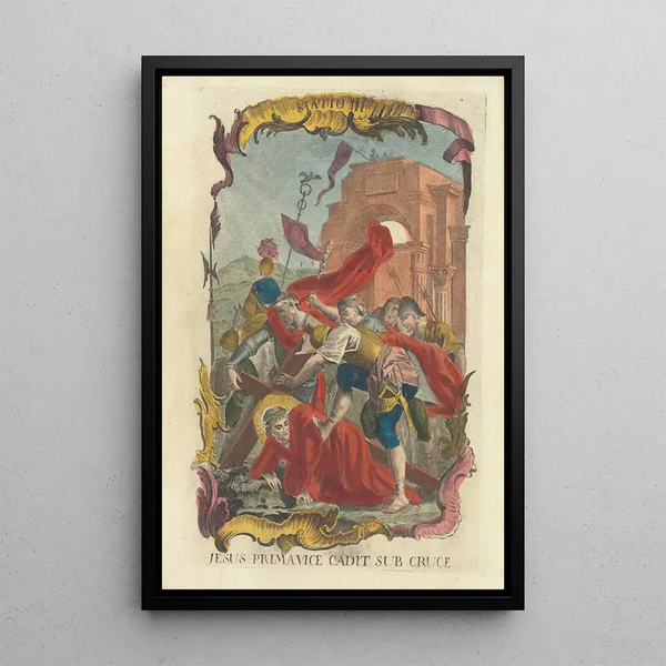 Jesus Falls for the First Time Under the Cross - Remondini Family — framed artwork on a wall