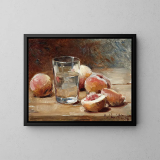 Still life with peaches - René Louis Chrétien — framed artwork on a wall