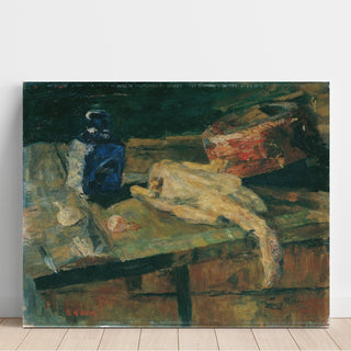 Reproduction Nature morte avec bouteille bleue et poulet plumé - James Ensor