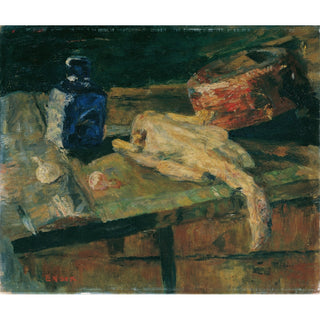 Reproduction Nature morte avec bouteille bleue et poulet plumé - James Ensor